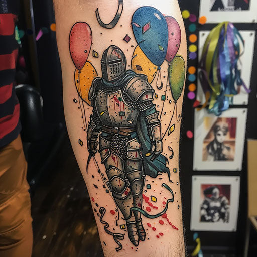 Whimsical tattoo sketches of Dark Souls characters at a party