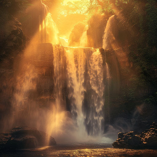Tegenungan Waterfall with golden light and cascading water