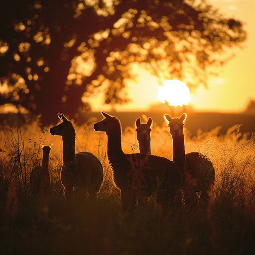 Alpacas in the first light of sunrise, softened silhouettes