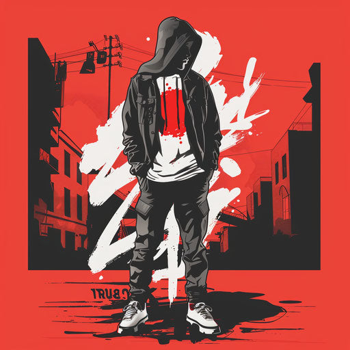 Streetwear clothing logo with bold typography and urban background