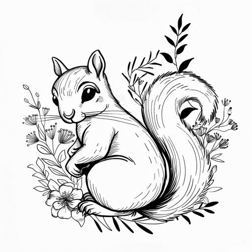 Flat tattoo sketch of a squirrel in a simple, single line drawing style with a playful twist