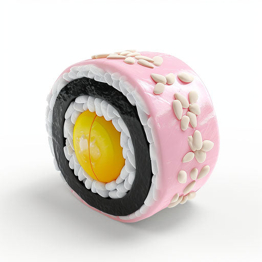 3D icon of a pink sushi roll with white rice and yellow eggs