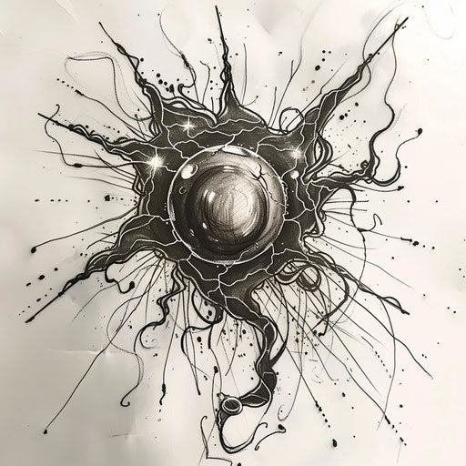 Dynamic flat tattoo sketch of a black pearl with electric lightning bolts
