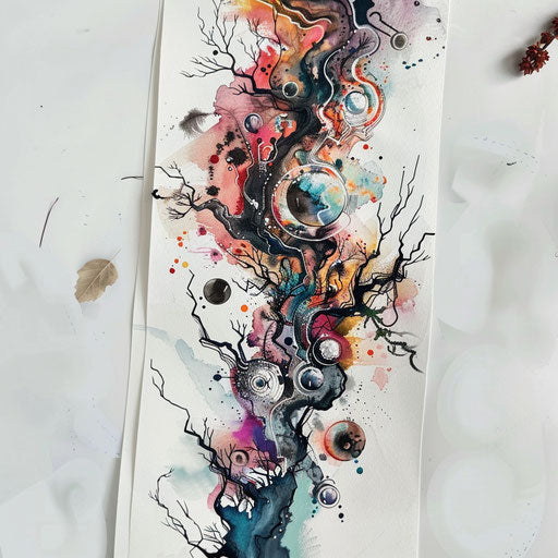 Surreal flat tattoo sketch of a chaotic dreamscape in soft watercolor