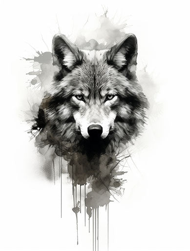 Black and white drawing of wolf's face in digital art style