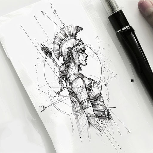 Contemporary flat tattoo sketch of Artemis in geometric armor