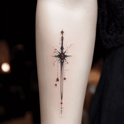 Small arm tattoos with a tiny dagger and blood drops, in the style of Gerald Brom