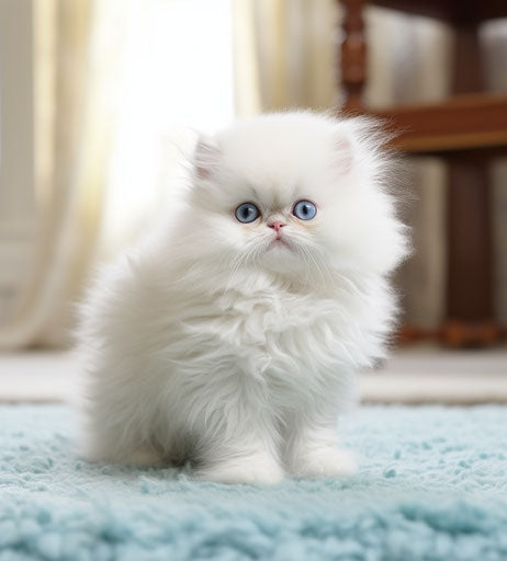 White Persian kitten on carpet, light maroon and indigo style