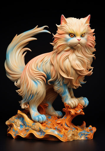 A cat with a big tail on a blue, in the style of light gold and light crimson, jump cuts, light brown, persian miniature, award winning 23:33