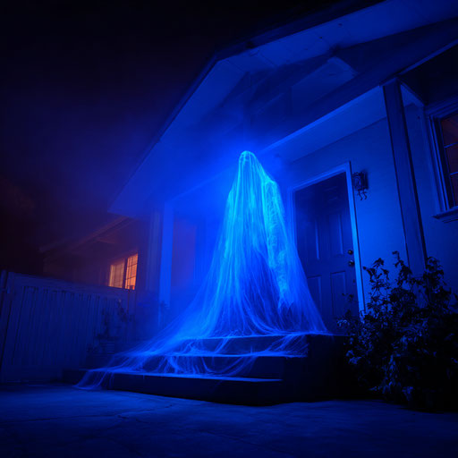 Ghostly blue-lit Halloween decoration by a house at night
