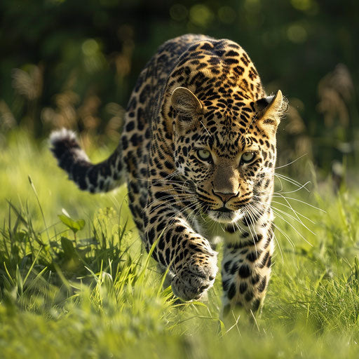 The dynamic scene of an Amur leopard chasing its prey through a vibrant, green meadow