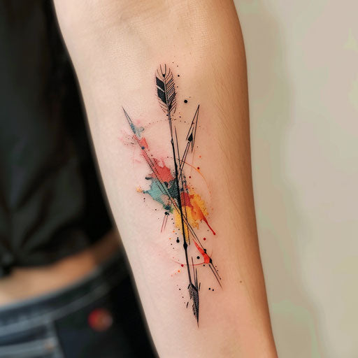 Modern abstract arrow tattoo with splashes of color