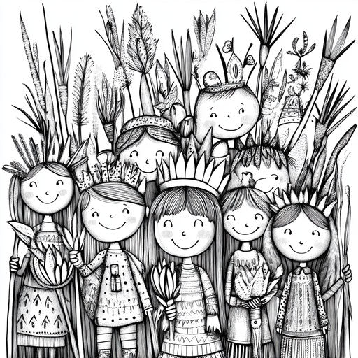 Whimsical children celebrating Palm Sunday, coloring book page