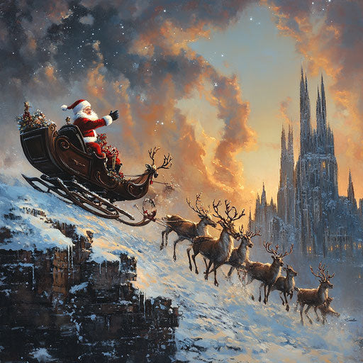 Santa Claus in a flying sleigh with reindeer