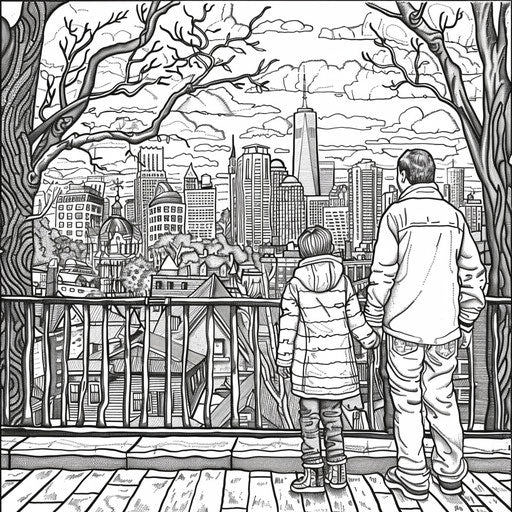 Urban family scene with detailed cityscape patterns