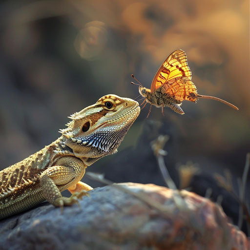 A bearded dragon in a playful interaction with a butterfly, an unexpected companionship moment.