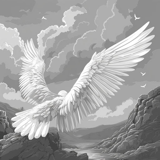 Detailed winged landscape illustration in grayscale tones