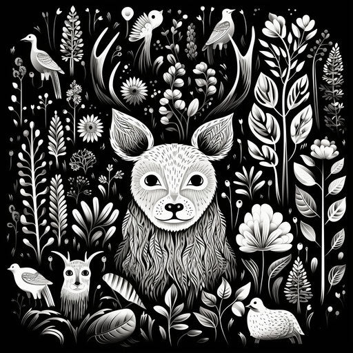 Fauna and flora in black and white, pointillist art