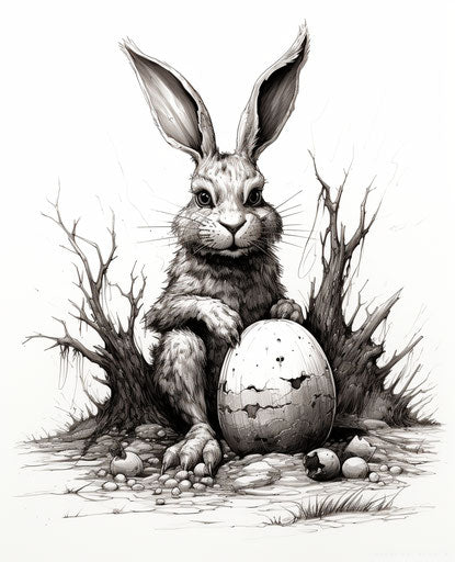 Illustration of Easter bunny with empty egg, heavy inking style