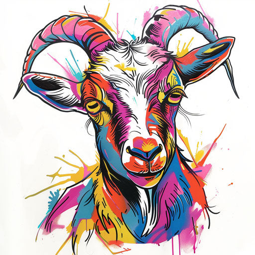 Pop art goat tattoo design with bright colors and bold outlines