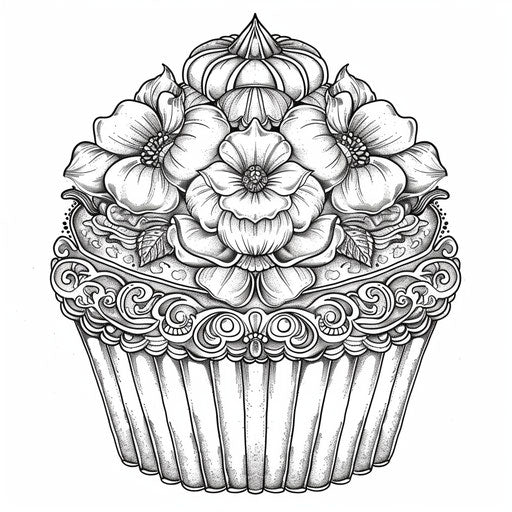 Intricate cupcake with baroque patterns in the style of Gennady Spirin coloring book page