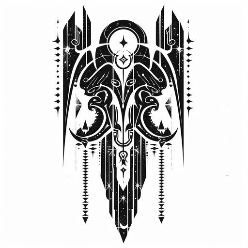 Bold black and white tattoo sketch of the Gemini constellation in tribal style