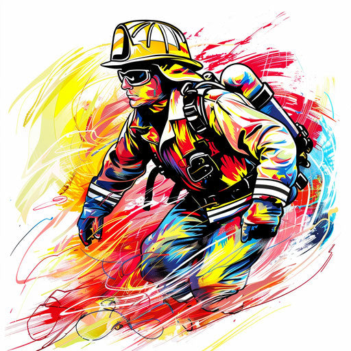 Heroic firefighter in action in vibrant flat tattoo sketch style