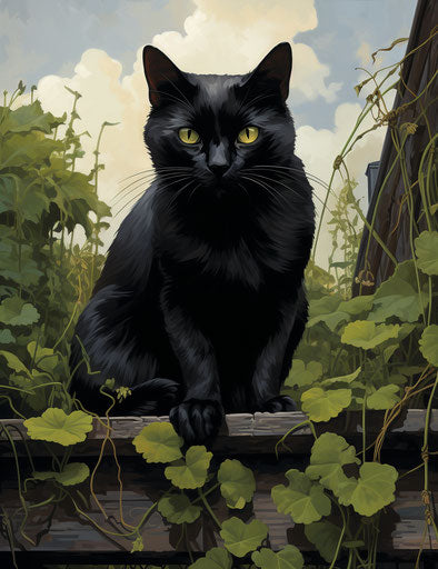 Black cat standing on a fence of a yard, in the style of made of all of the above, rotcore 24:31