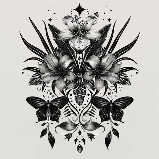 Flat tattoo sketch inspired by nature with neo-tribal flora and fauna motifs