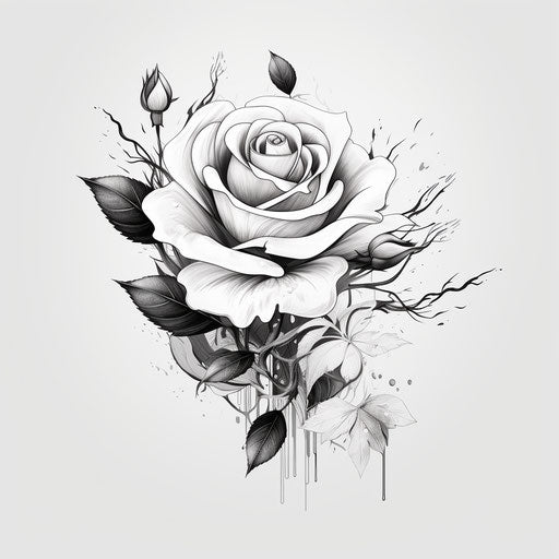Black and white rose tattoo design, leaf pattern, textured illustrations