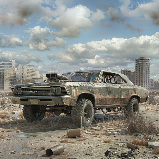 1967 Chevy Bel Air in apocalyptic urban setting