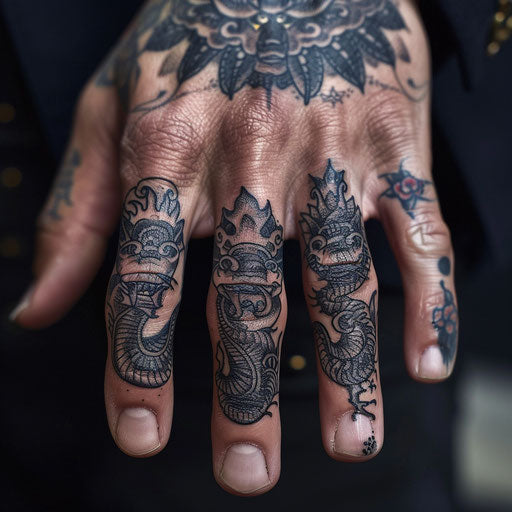 Intricately detailed ring finger tattoos