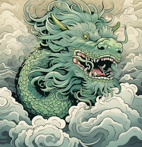Chinese jade dragon with smoke, bold line style