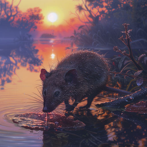 A antechinus drinking from a dew-covered leaf at dawn