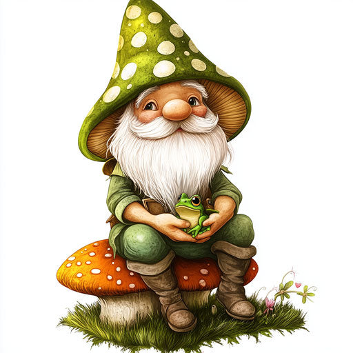 Cute green gnome with a baby frog sitting on a mushroom