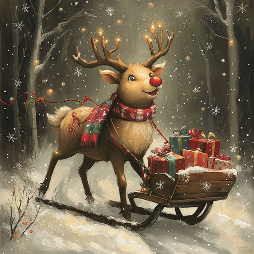The red-nosed reindeer in a festive scarf pulls a sled of gifts