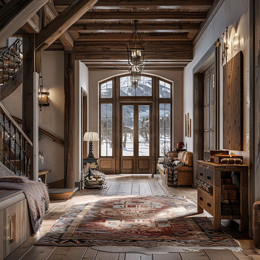 Very first interior room in a mansion entrance nestled in the mountains