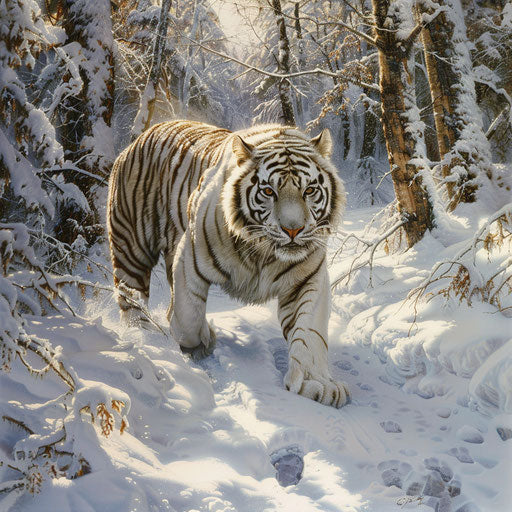 The majestic white tiger prowling in a snow-covered forest