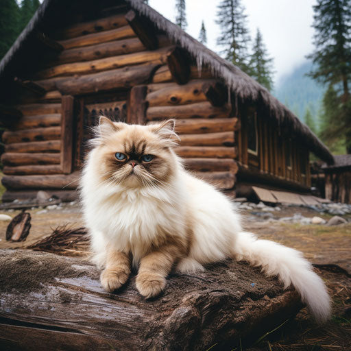 Himalayan cat in front of a log cabin