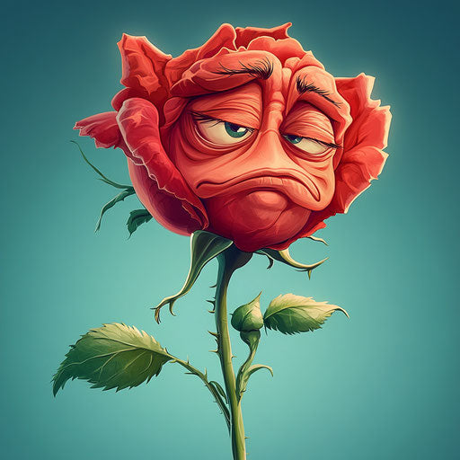 Humorous caricature of a red rose with human characteristics, exaggerated features, vibrant colors, cartoon style, high resolution