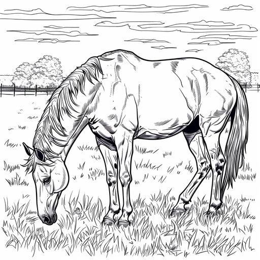 Gentle horse grazing in a field, Megan Hess style, coloring page