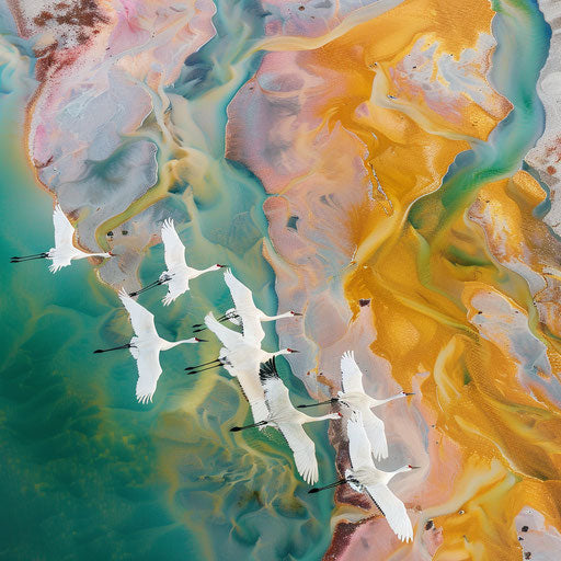 Majestic migration of whooping cranes over colorful landscape