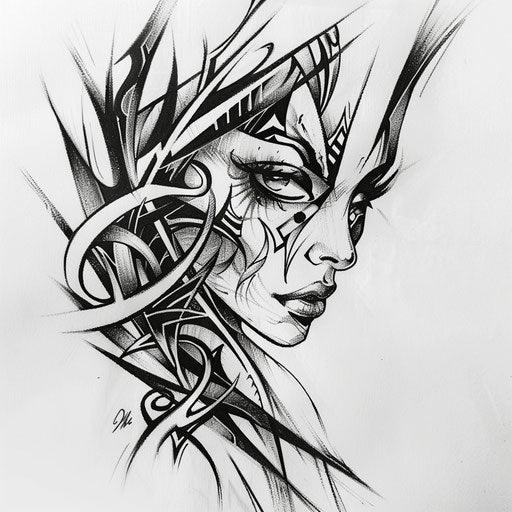 Tribal tattoo sketch of Aphrodite with dynamic patterns