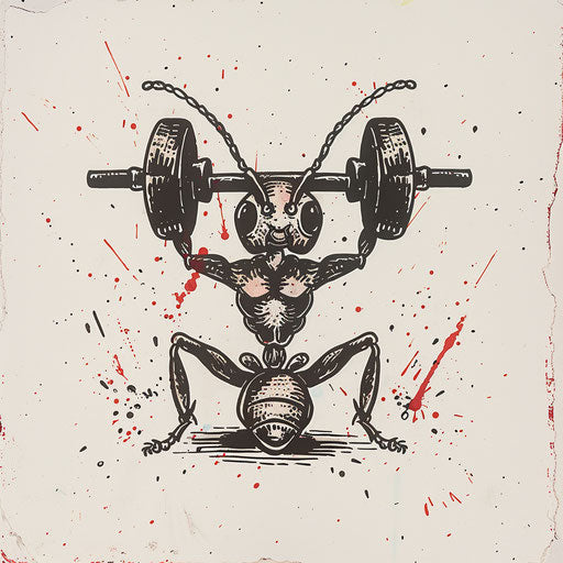 Dynamic flat tattoo sketch of ant lifting weights