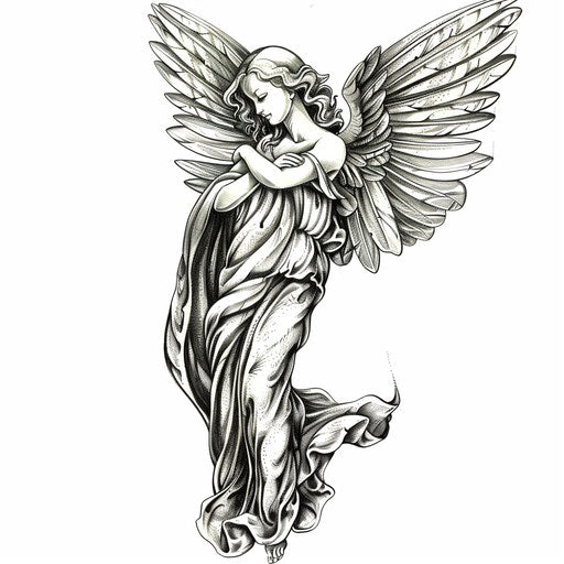 Vintage-style guardian angel tattoo, inspired by classic religious art, detailed and shaded, against a white background.