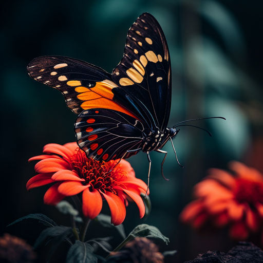 Orange butterfly on red flower, orange and black style, dynamic