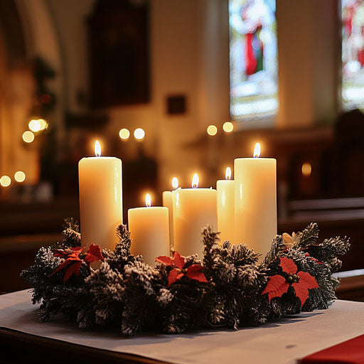 Traditional Advent wreath with lit candles on church altar