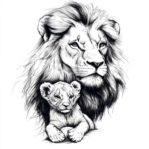 Father lion and cub tattoo, symbols of strength and protection