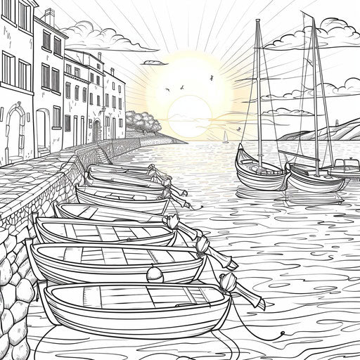 Sunrise over a peaceful harbor with boats gently bobbing in the water. Coloring book page