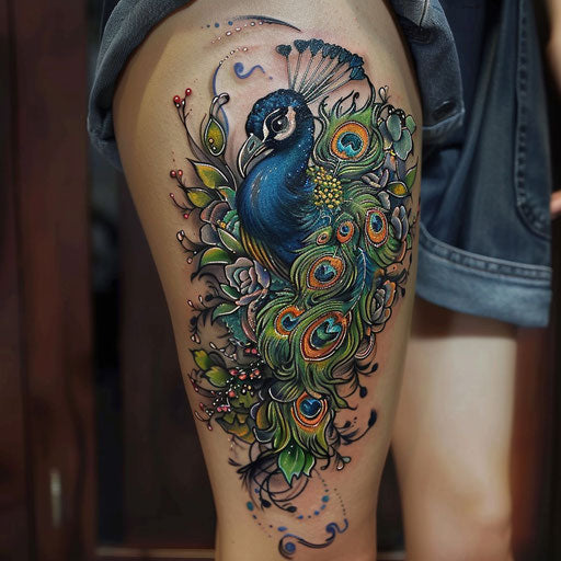 Elegant thigh peacock tattoo in the style of J.P. Targete